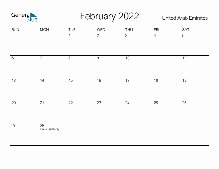 Printable February 2022 Calendar for United Arab Emirates