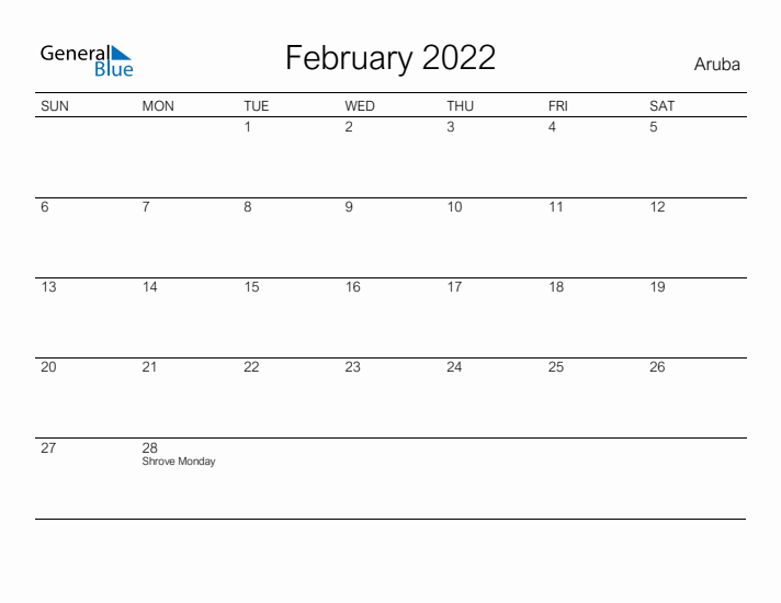 Printable February 2022 Calendar for Aruba