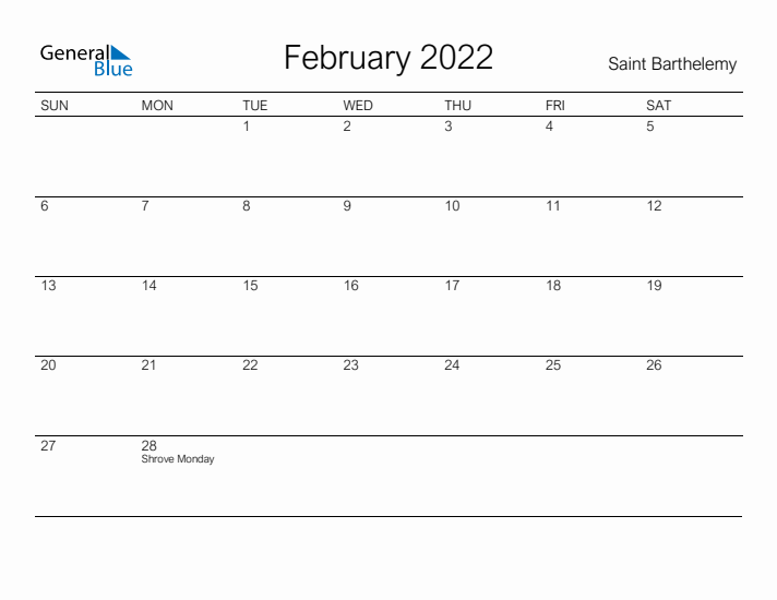 Printable February 2022 Calendar for Saint Barthelemy