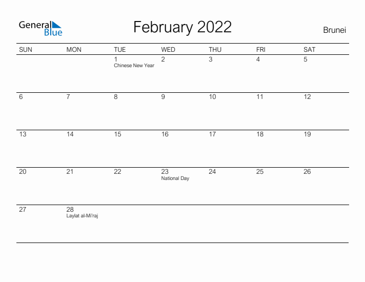 Printable February 2022 Calendar for Brunei