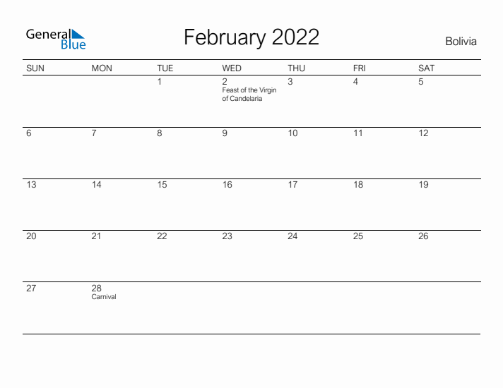 Printable February 2022 Calendar for Bolivia