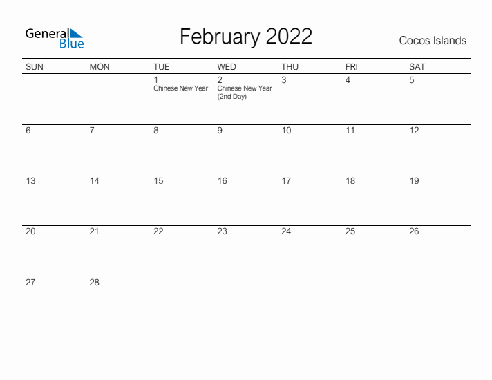 Printable February 2022 Calendar for Cocos Islands