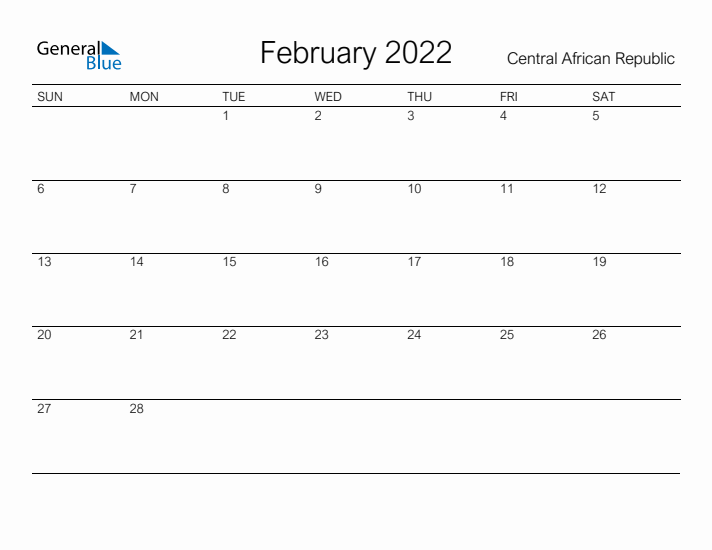 Printable February 2022 Calendar for Central African Republic