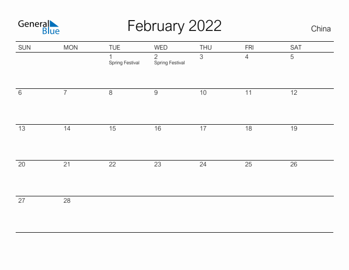 Printable February 2022 Calendar for China