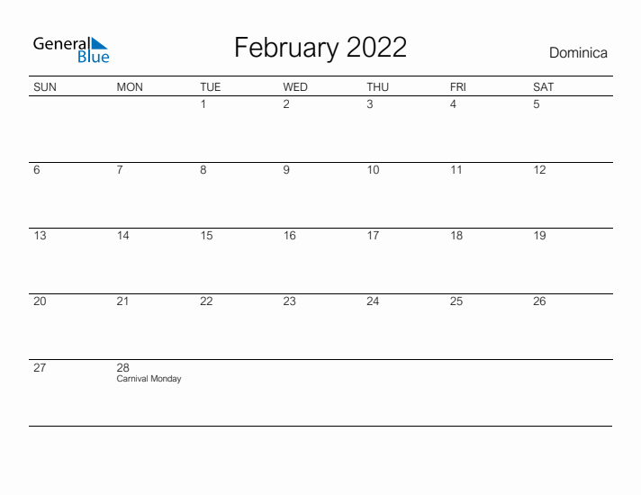 Printable February 2022 Calendar for Dominica