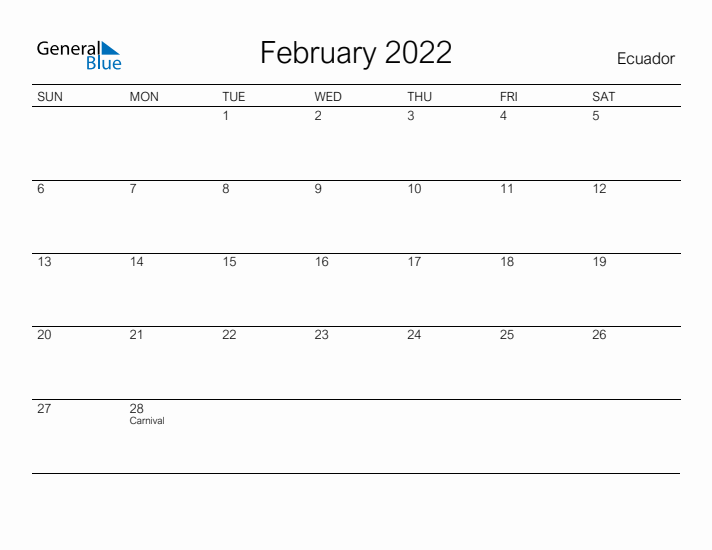 Printable February 2022 Calendar for Ecuador