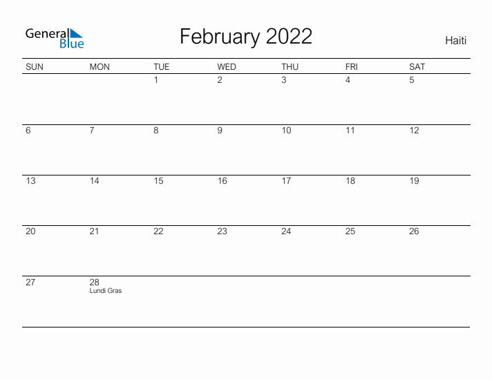 Printable February 2022 Calendar for Haiti