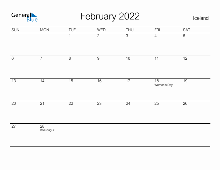 Printable February 2022 Calendar for Iceland