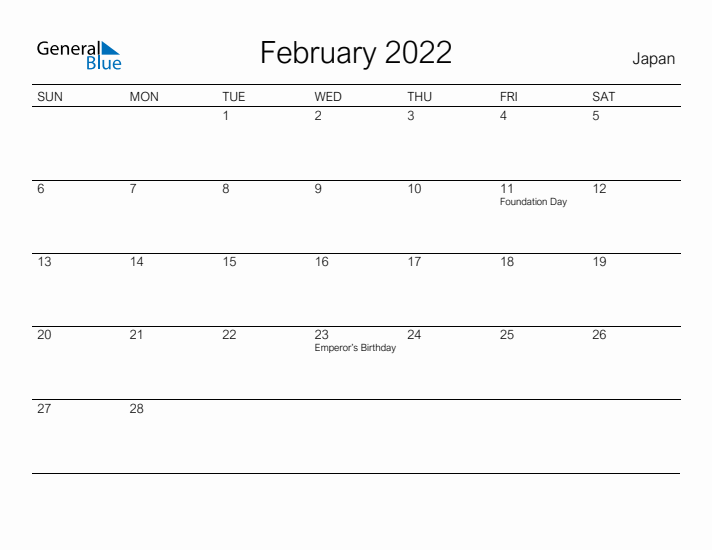 Printable February 2022 Calendar for Japan