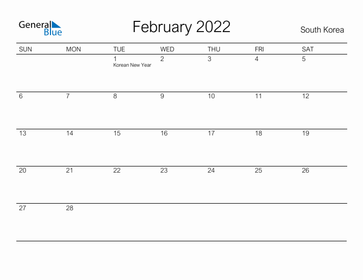 Printable February 2022 Calendar for South Korea