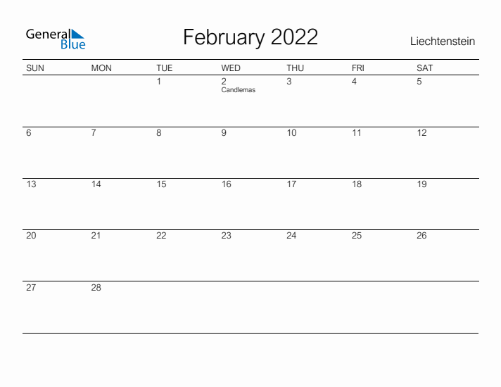 Printable February 2022 Calendar for Liechtenstein