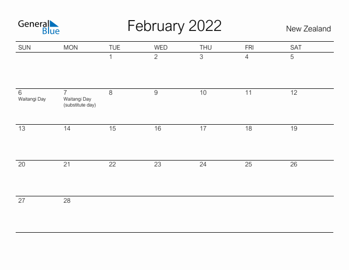 Printable February 2022 Calendar for New Zealand