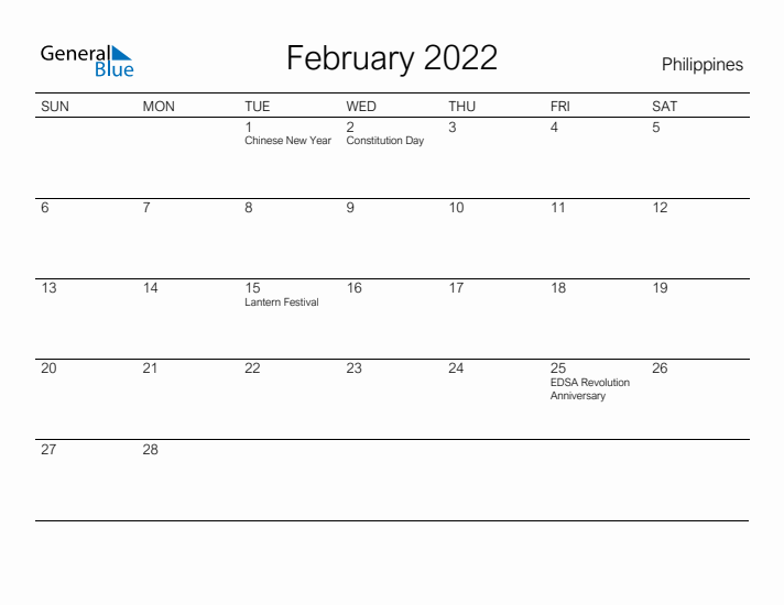 Printable February 2022 Calendar for Philippines