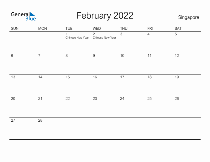 Printable February 2022 Calendar for Singapore