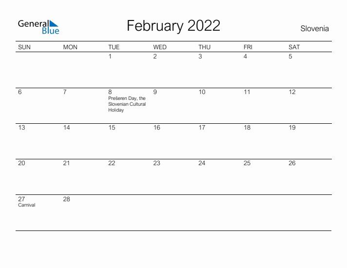 Printable February 2022 Calendar for Slovenia