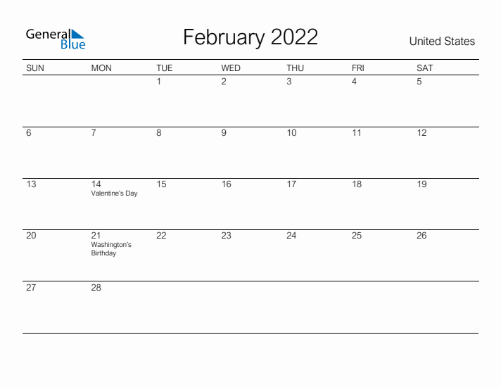 Printable February 2022 Calendar for United States