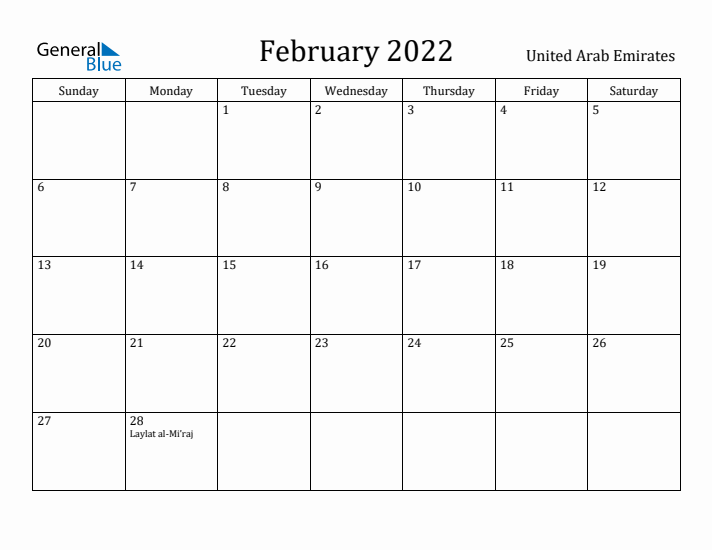 February 2022 Calendar United Arab Emirates