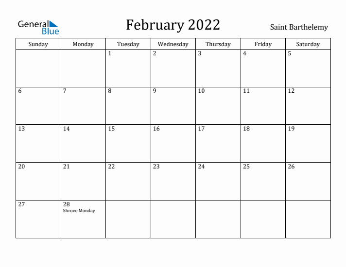 February 2022 Calendar Saint Barthelemy