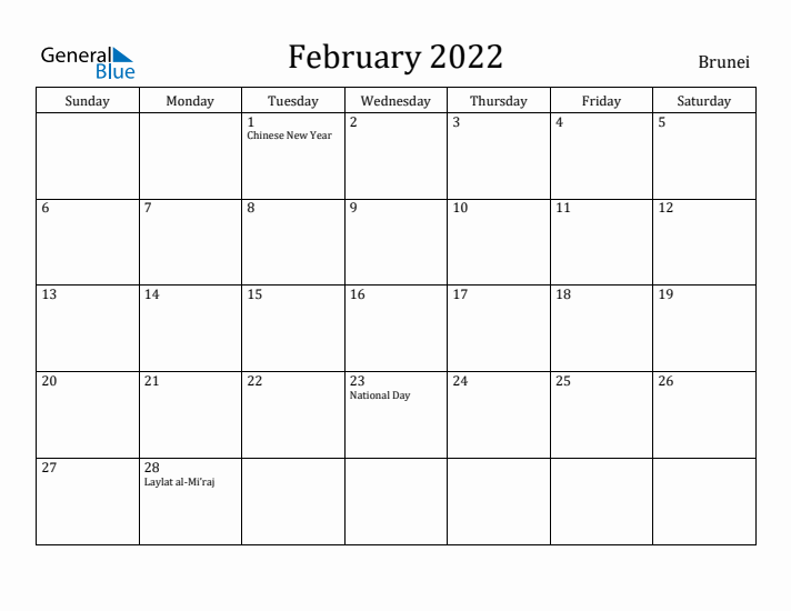 February 2022 Calendar Brunei