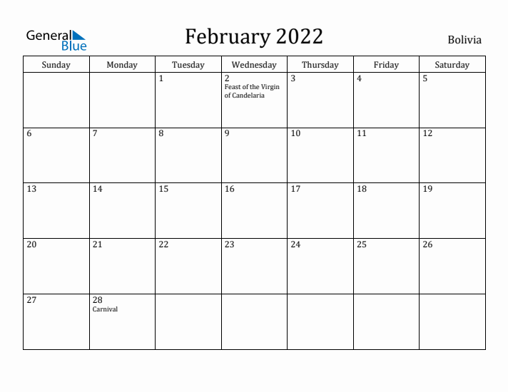 February 2022 Calendar Bolivia