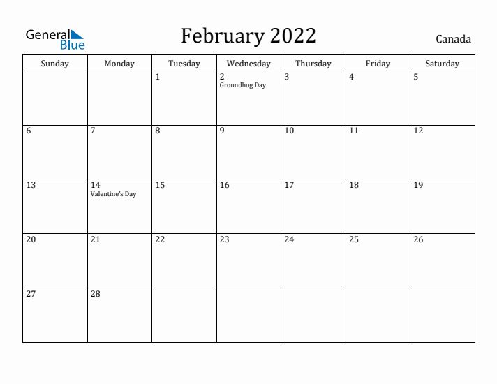 February 2022 Calendar Canada