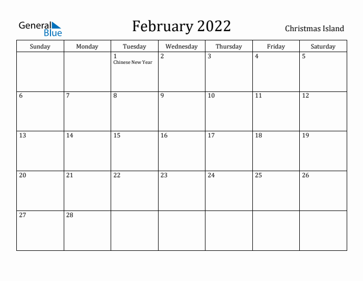 February 2022 Calendar Christmas Island