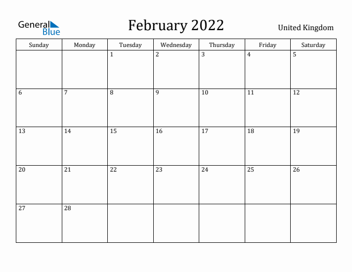 February 2022 Calendar United Kingdom