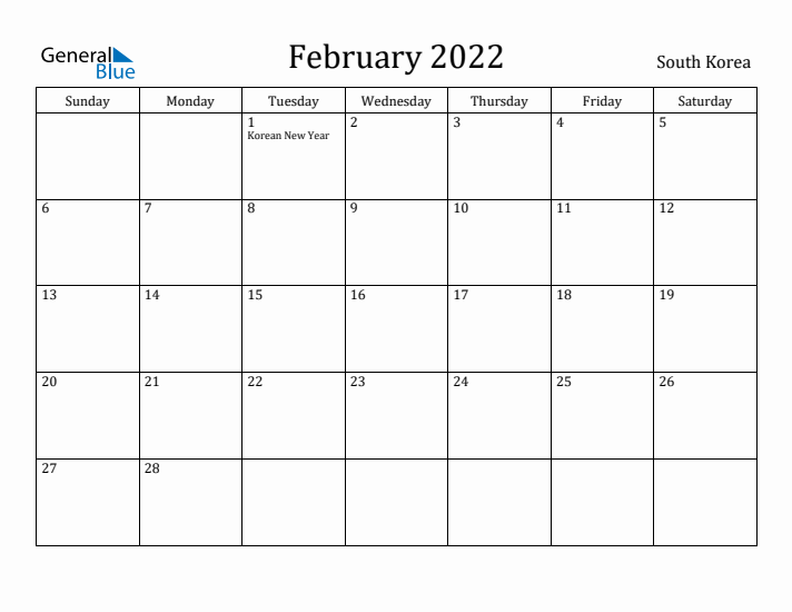 February 2022 Calendar South Korea