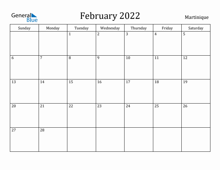 February 2022 Calendar Martinique