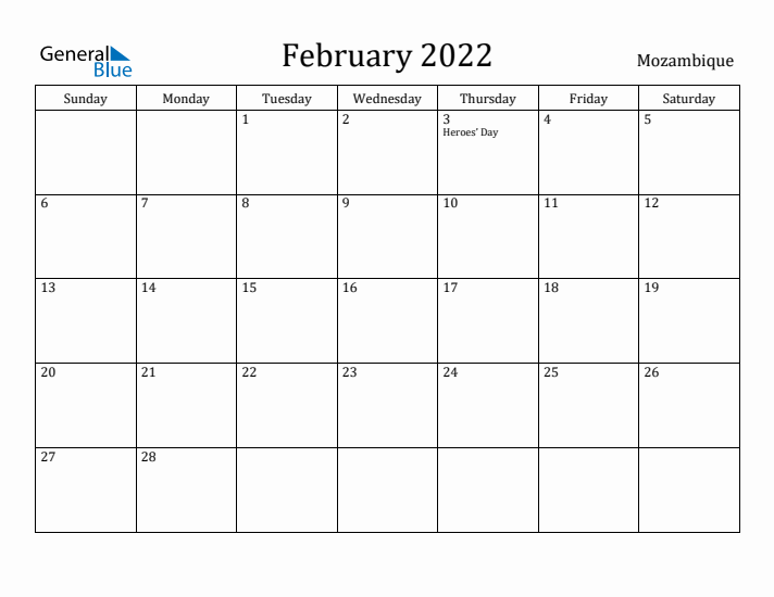 February 2022 Calendar Mozambique