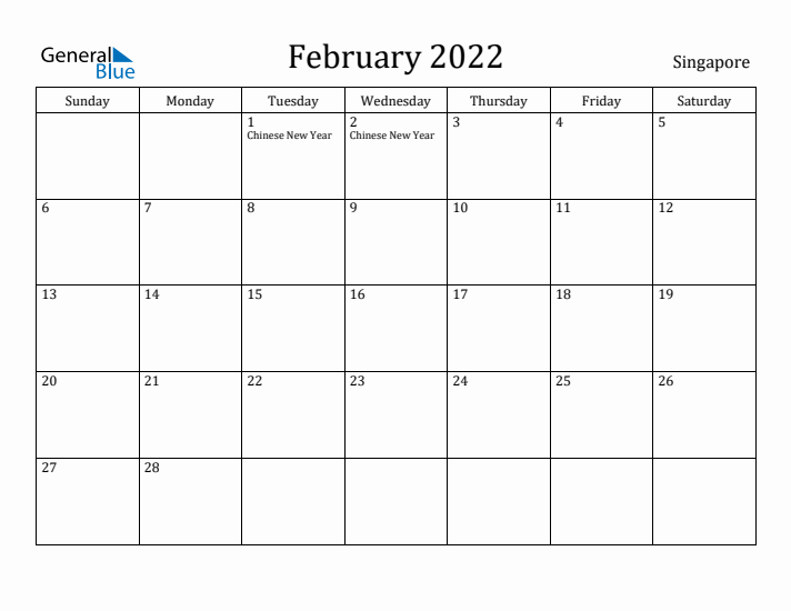 February 2022 Calendar Singapore