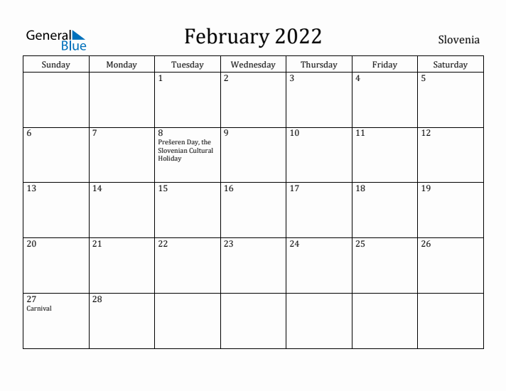 February 2022 Calendar Slovenia