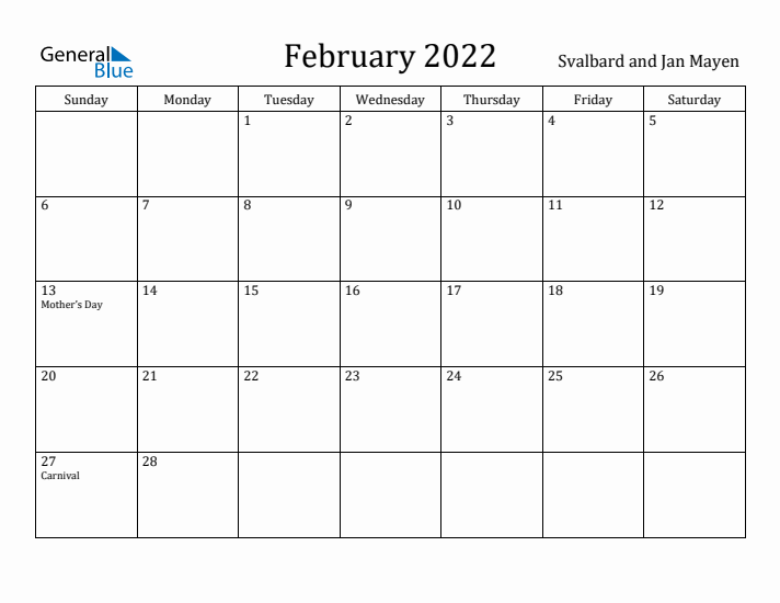 February 2022 Calendar Svalbard and Jan Mayen