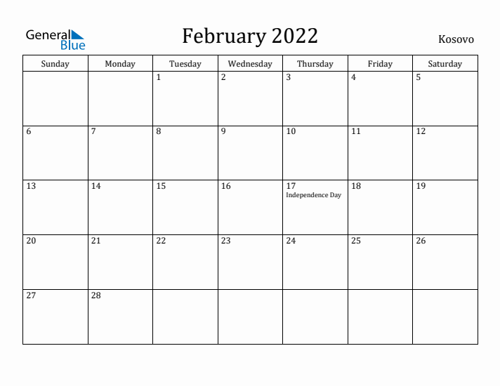 February 2022 Calendar Kosovo