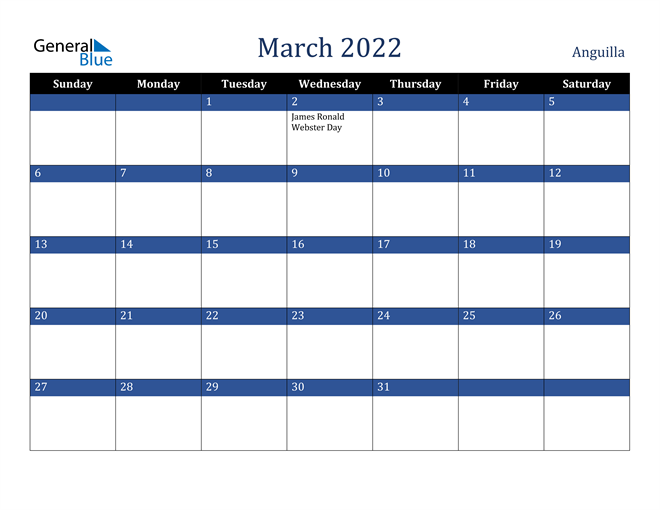 March 2022 Anguilla Calendar