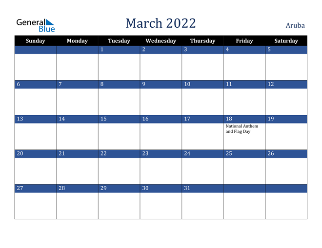 March 2022 Aruba Calendar