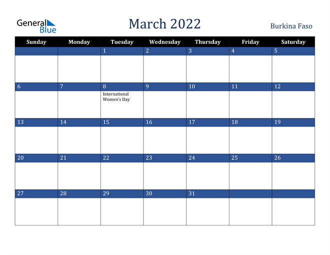 March 2022 Burkina Faso Calendar