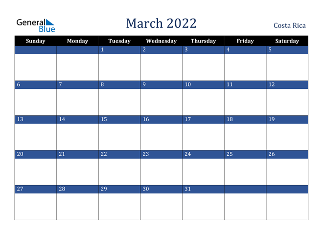 March 2022 Costa Rica Calendar