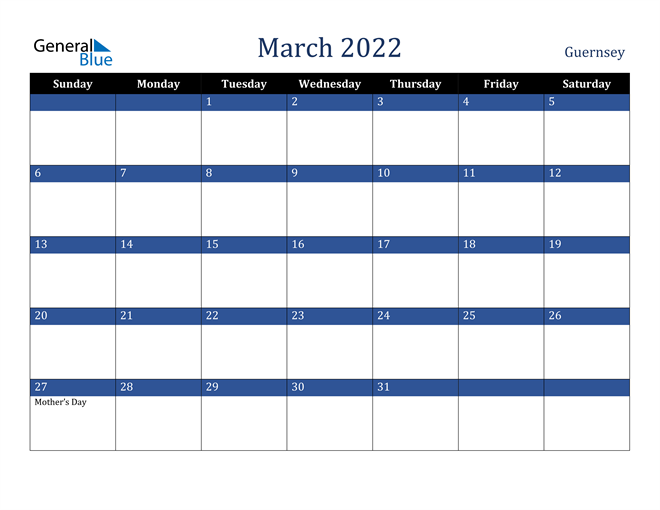 March 2022 Guernsey Calendar