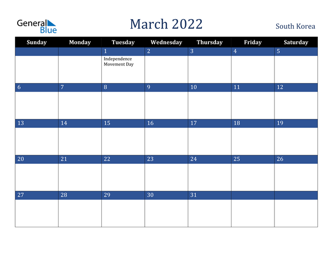 March 2022 South Korea Calendar