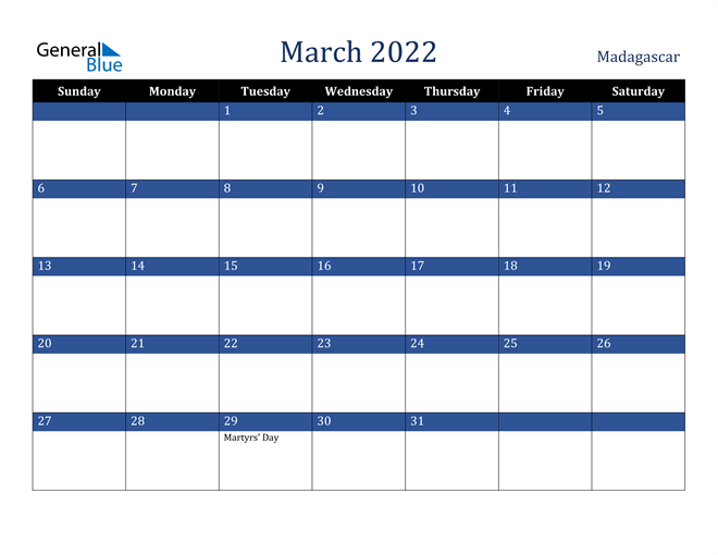 March 2022 Madagascar Calendar
