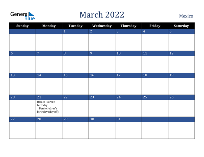 March 2022 Mexico Calendar