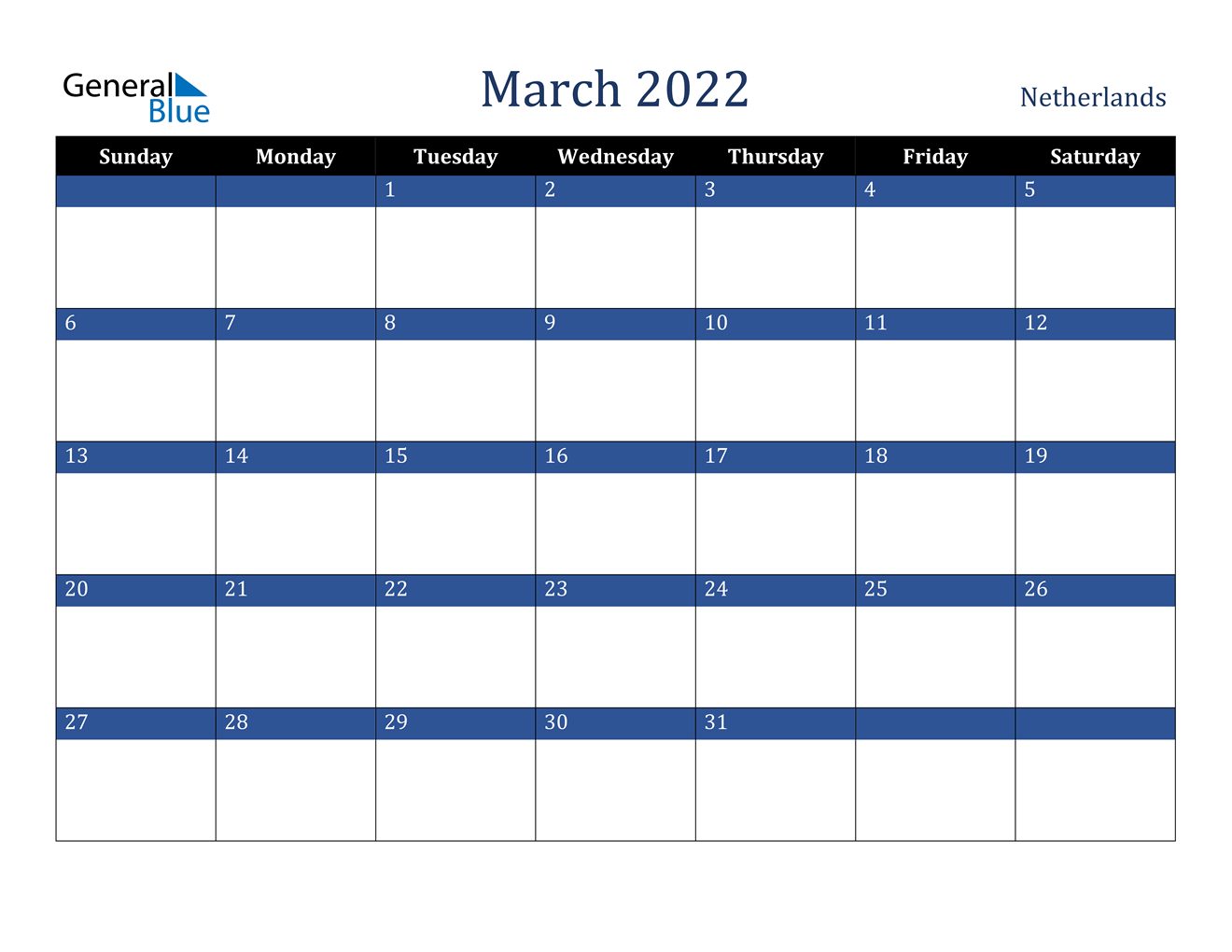 March 2022 Calendar - Netherlands