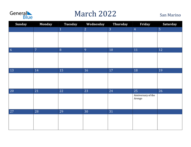 March 2022 San Marino Calendar