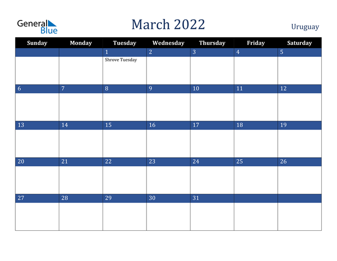 March 2022 Uruguay Calendar