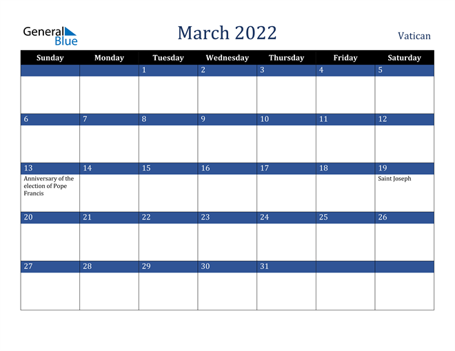 March 2022 Vatican Calendar