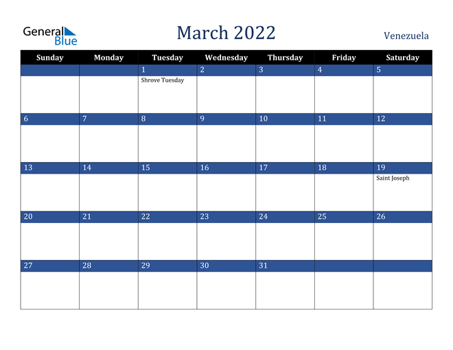 March 2022 Venezuela Calendar