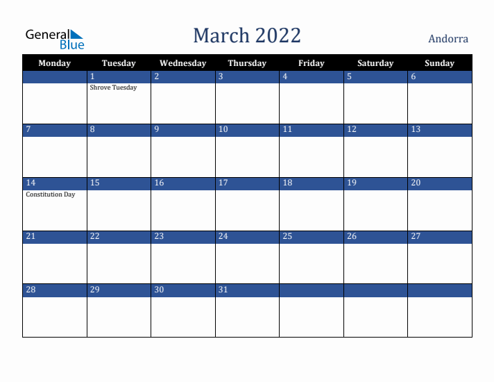 March 2022 Andorra Calendar (Monday Start)