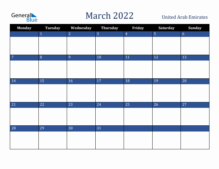 March 2022 United Arab Emirates Calendar (Monday Start)