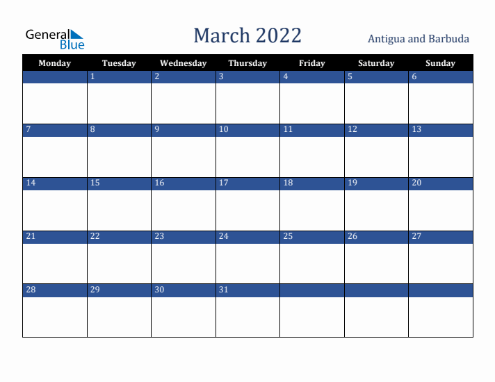 March 2022 Antigua and Barbuda Calendar (Monday Start)